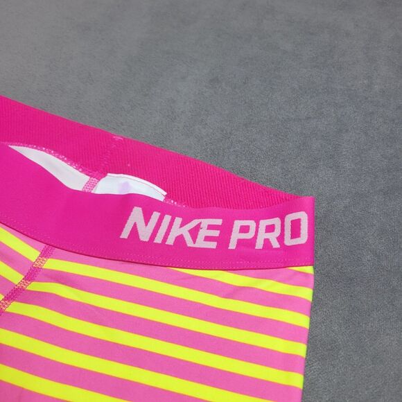 Nike Pro XS Womens Dri-Fit Pink & Yellow Striped Compression Capris - Picture 12 of 16